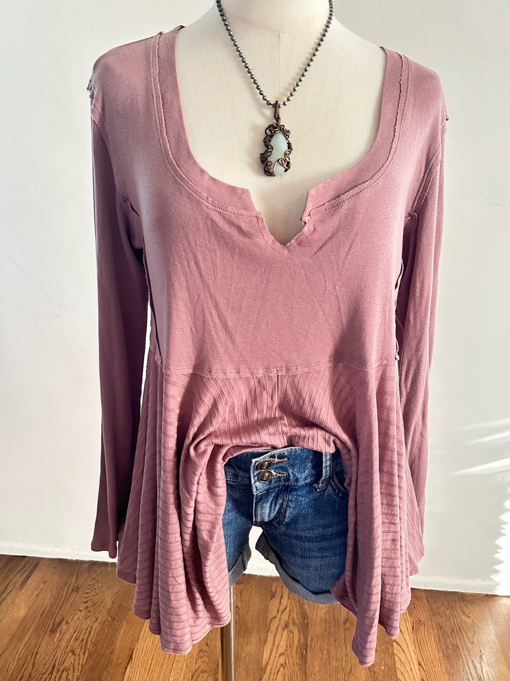 We The Free Dusty Mauve Scoop Neck Long Sleeve Tunic Boho Babydoll Top S